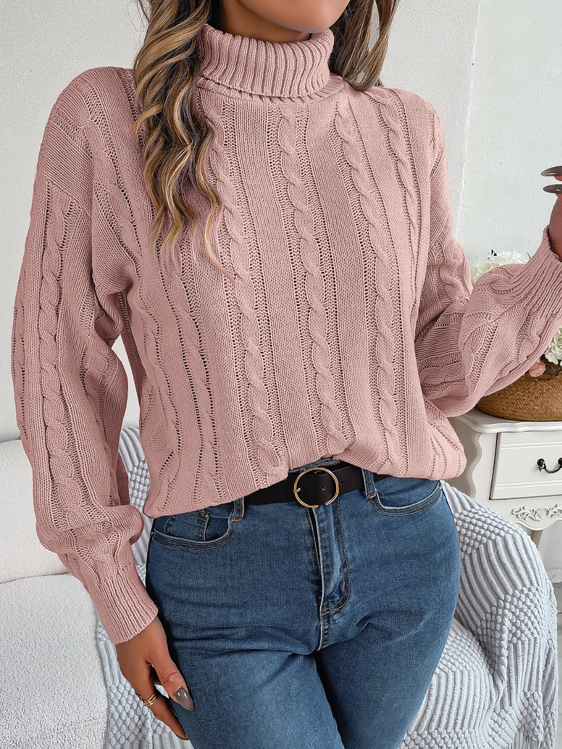 Cable-Knit Turtleneck Dropped Shoulder Sweater 