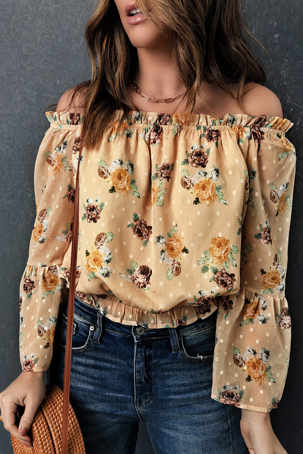 Floral Off-Shoulder Ruffle Hem Top - Babbazon Women's Tops