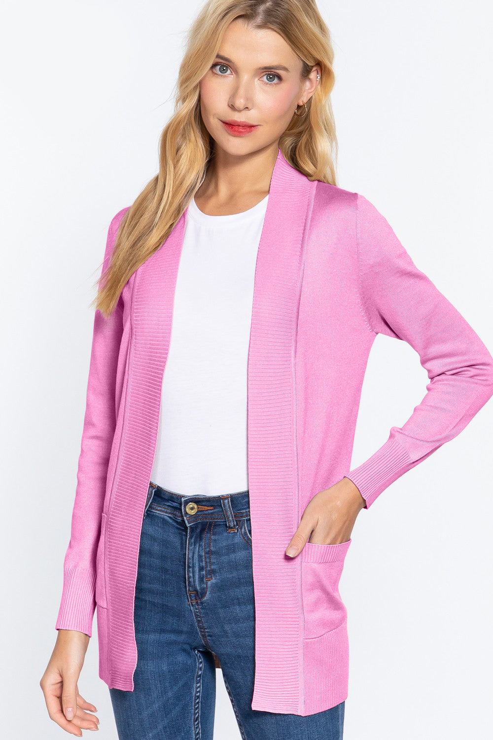 ACTIVE BASIC Ribbed Trim Open Front Cardigan 