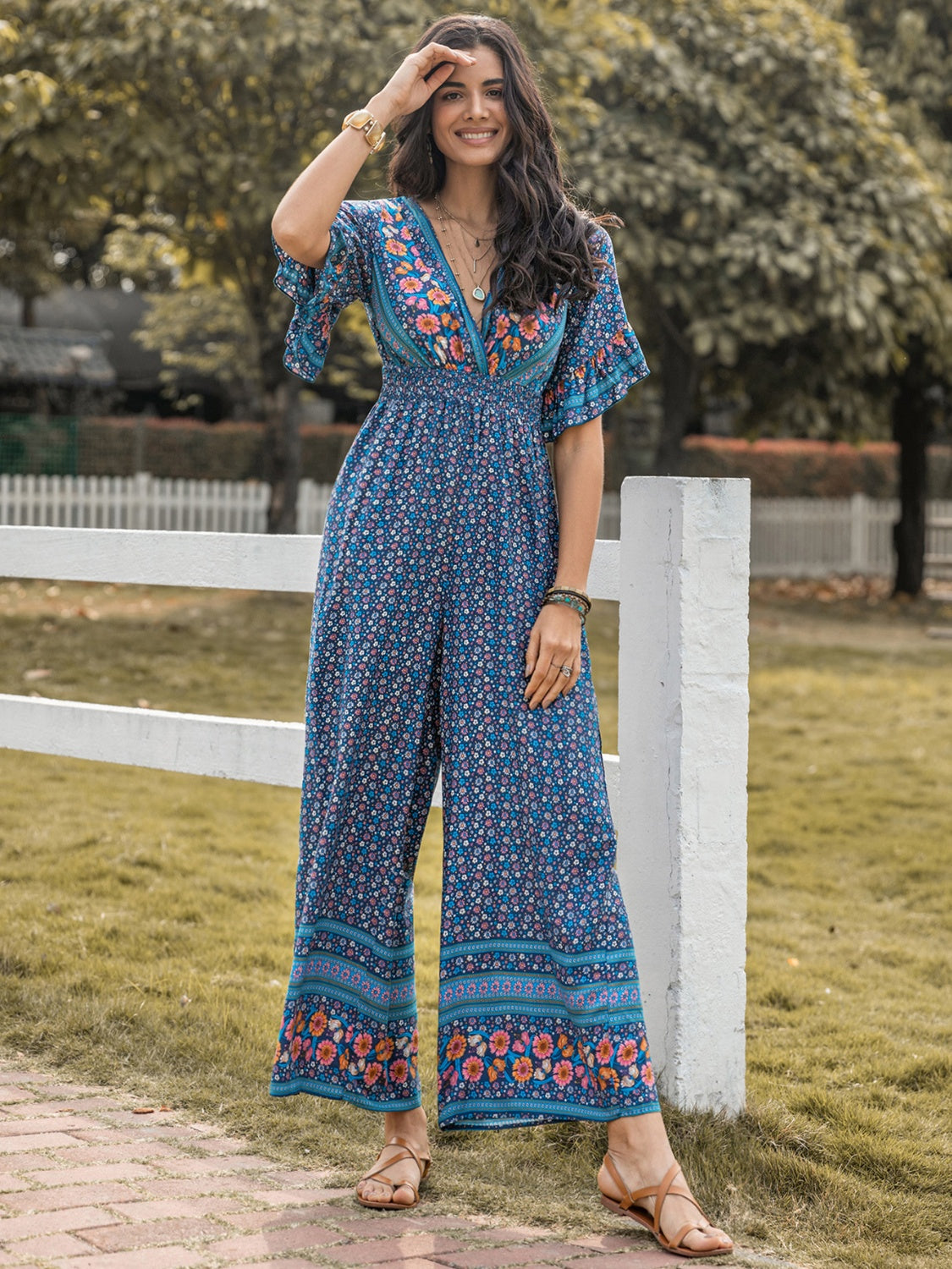 Floral Surplice Flutter Sleeve Jumpsuit 