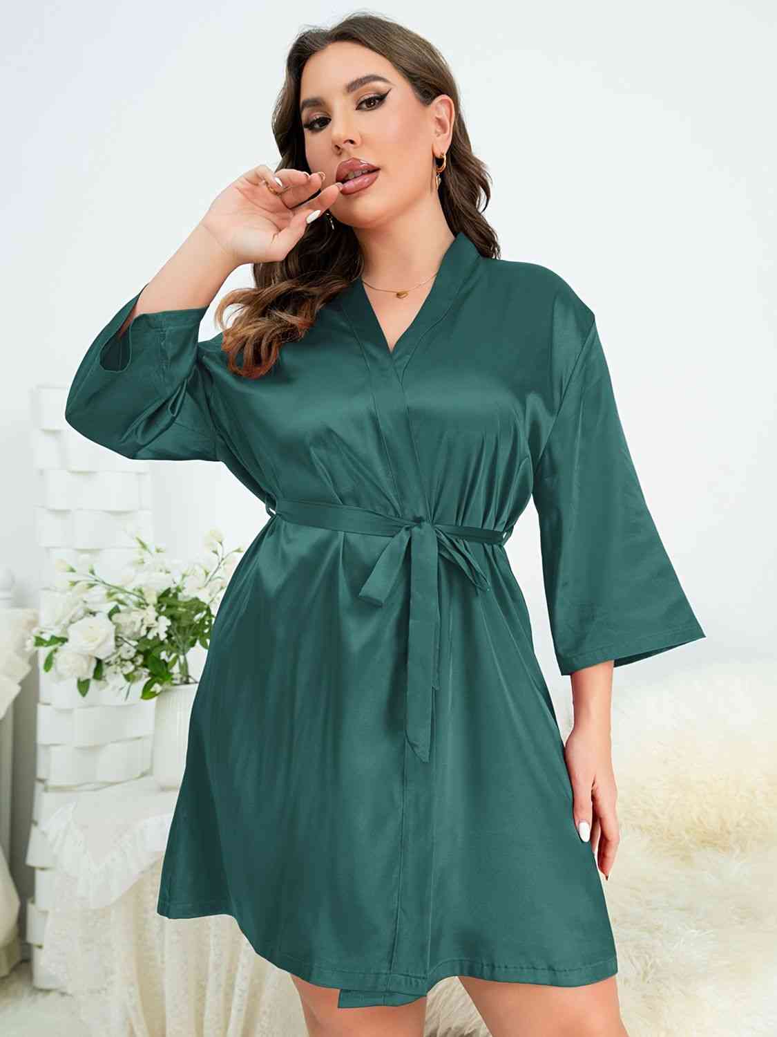 Plus Size Surplice Neck Tie Waist Robe - Babbazon loungewear