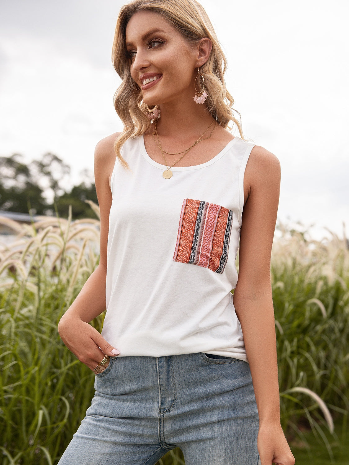 Pocketed Printed Round Neck Tank 