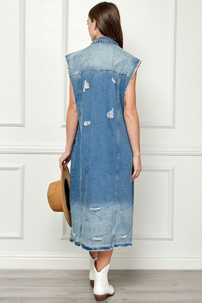 Veveret Full Size Distressed Sleeveless Longline Denim Jacket 