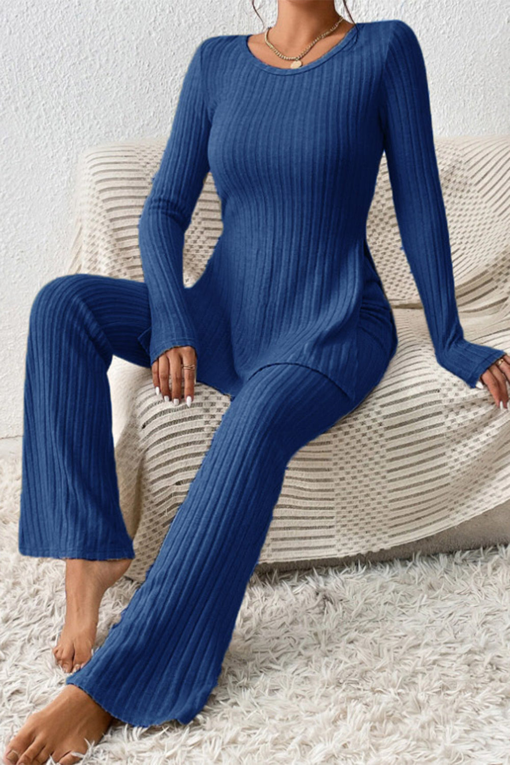 Ribbed Long Sleeve Slit Top and Bootcut Pants Set 