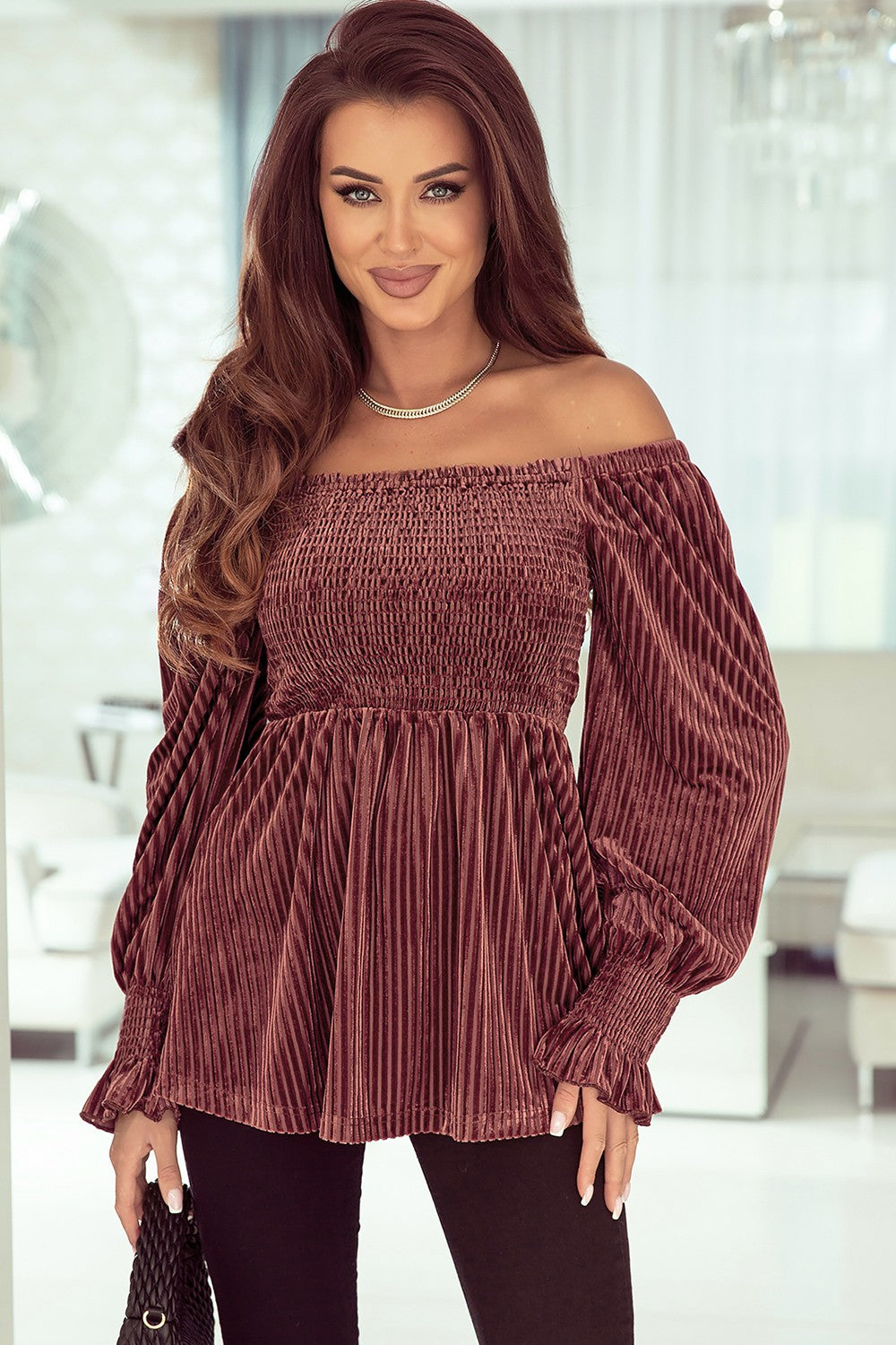 Smocked Ribbed Velvet Babydoll Top 