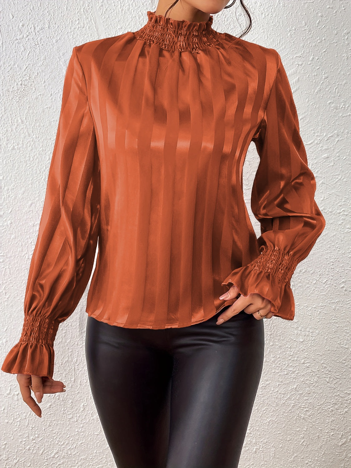 Smocked Mock Neck Long Sleeve Blouse 