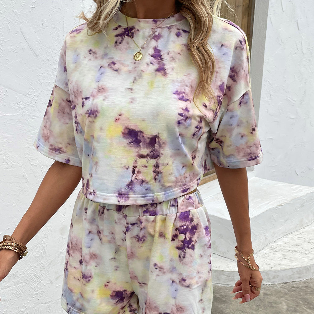 Tie Dye Round Neck Dropped Shoulder Tie Dye Top and Shorts Set 