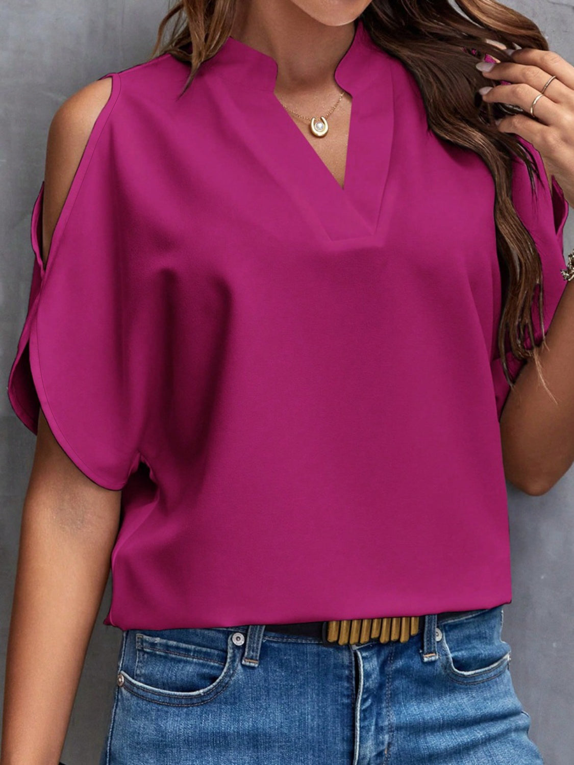 Notched Cold Shoulder Blouse - Babbazon Camisole