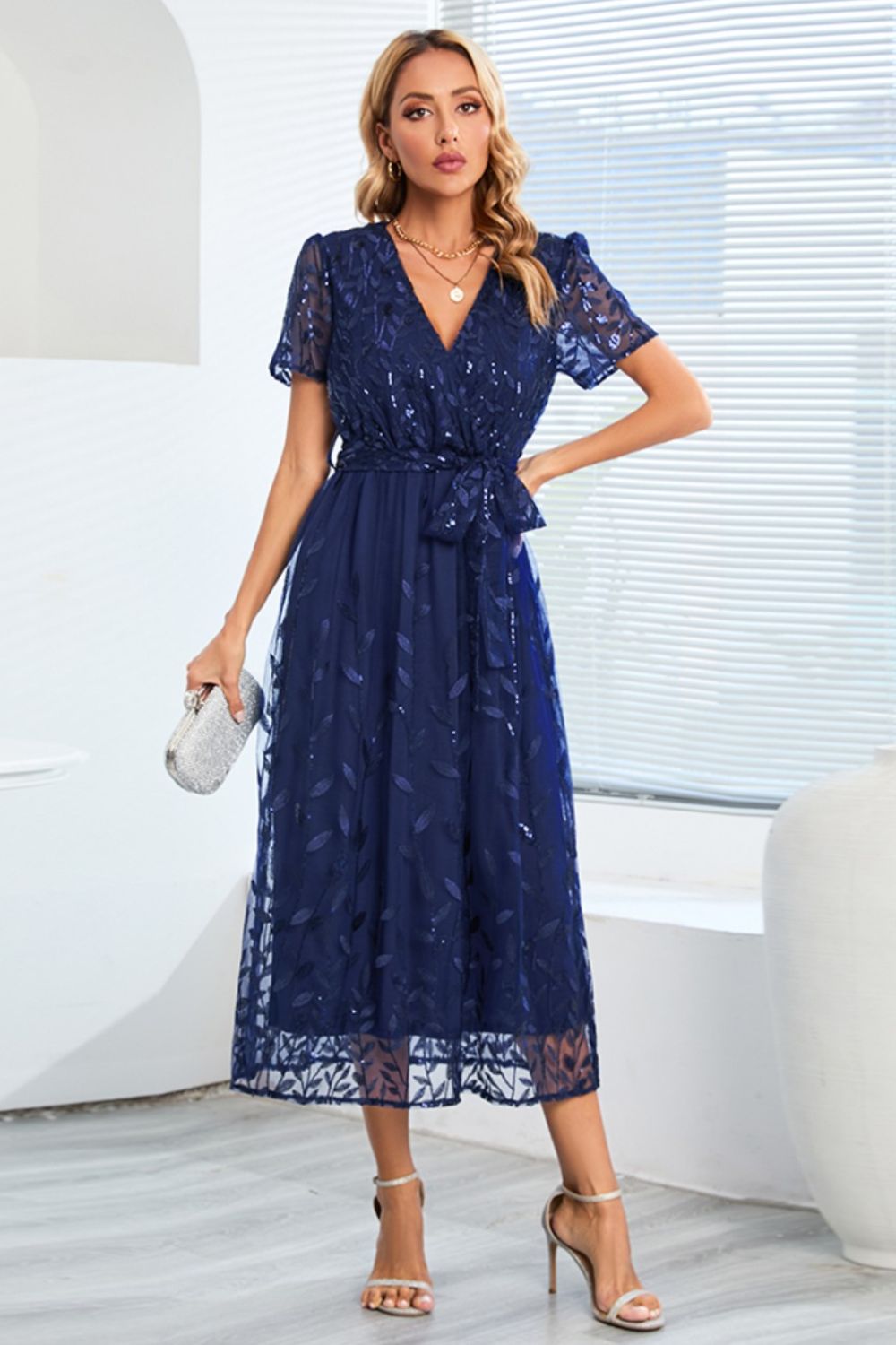 Sequin Leaf Embroidery Tie Front Short Sleeve Dress 