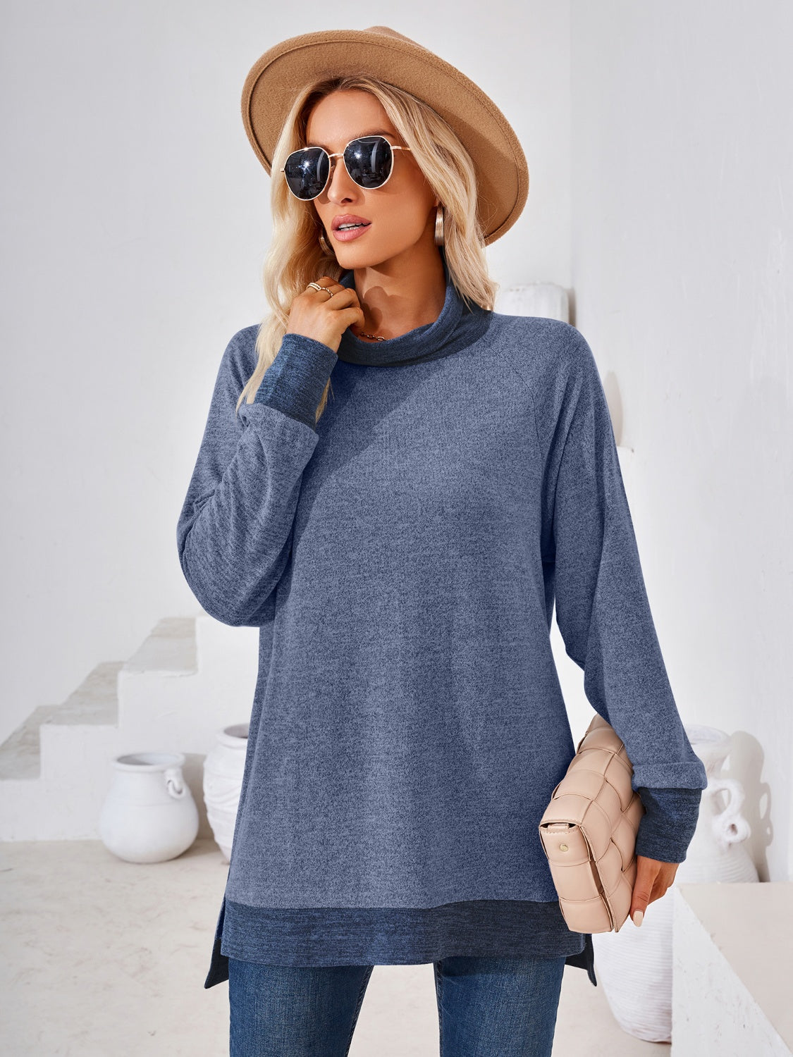 Contrast Mock Neck Long Sleeve T-Shirt 