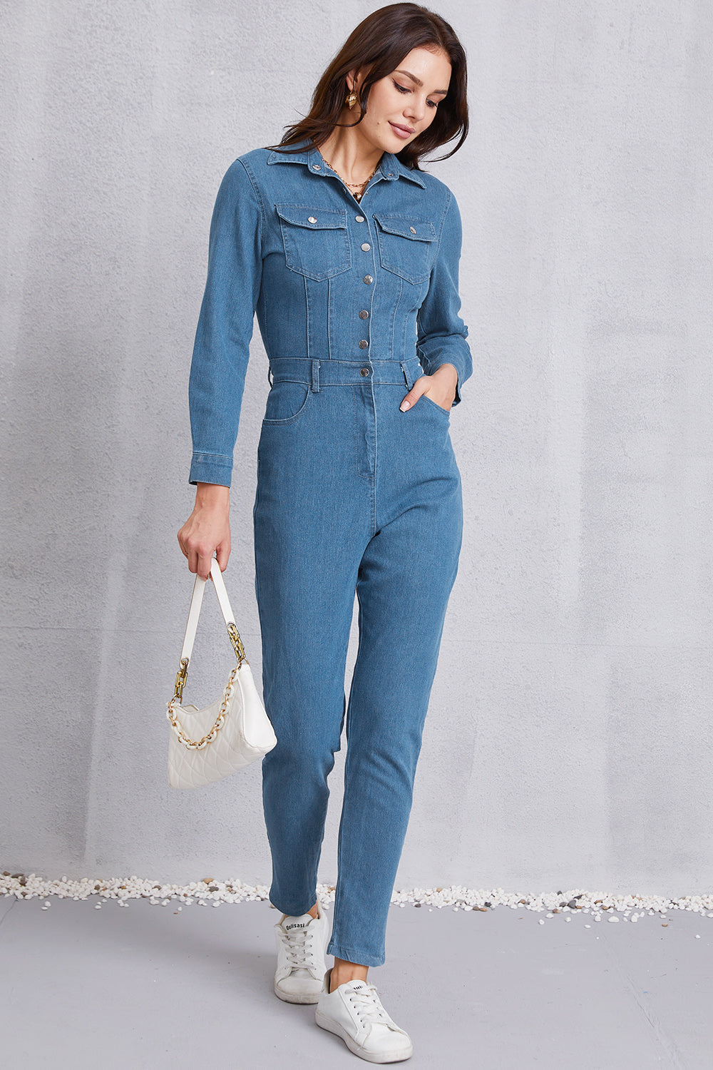 Snap Down Denim Jumpsuit with Pockets 