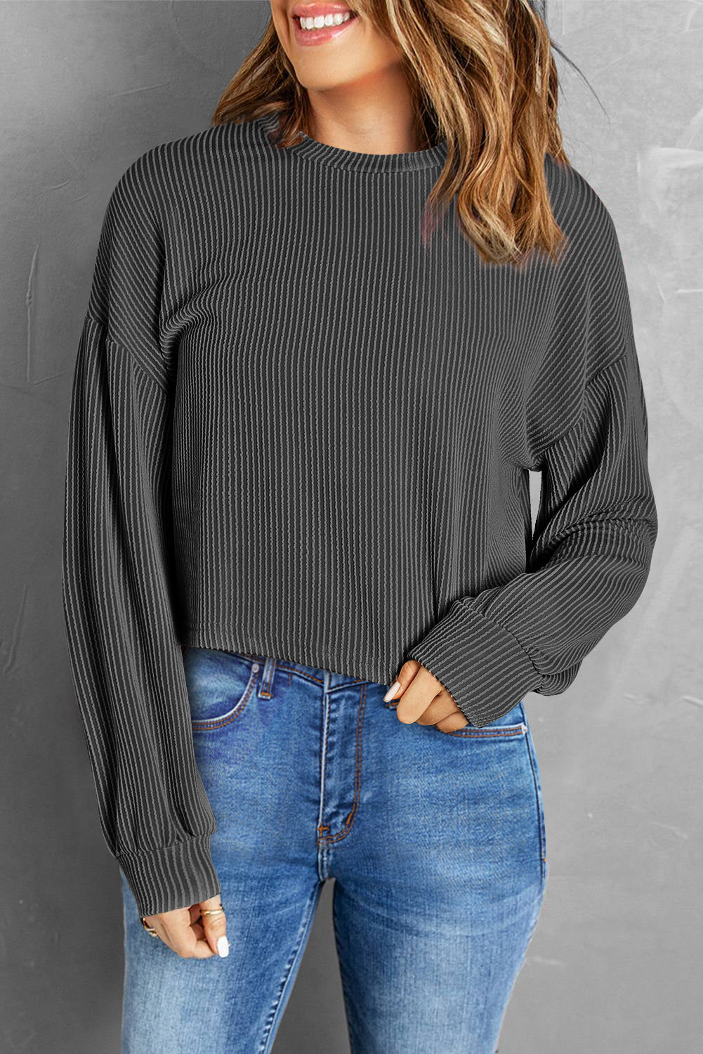 Round Neck Drop Shoulder Long Sleeve Top 