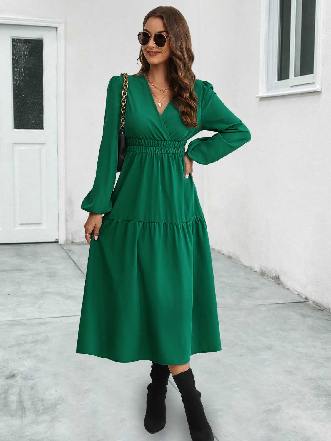 Surplice Neck Long Sleeve Midi Dress 