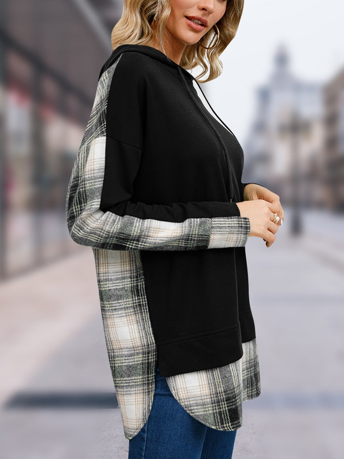 Plaid Drawstring Long Sleeve Slit Hoodie 