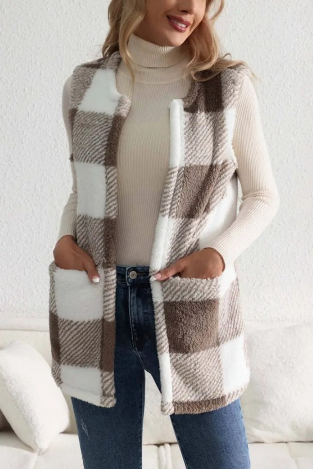 Sherpa Plaid Open Front Vest Coat 