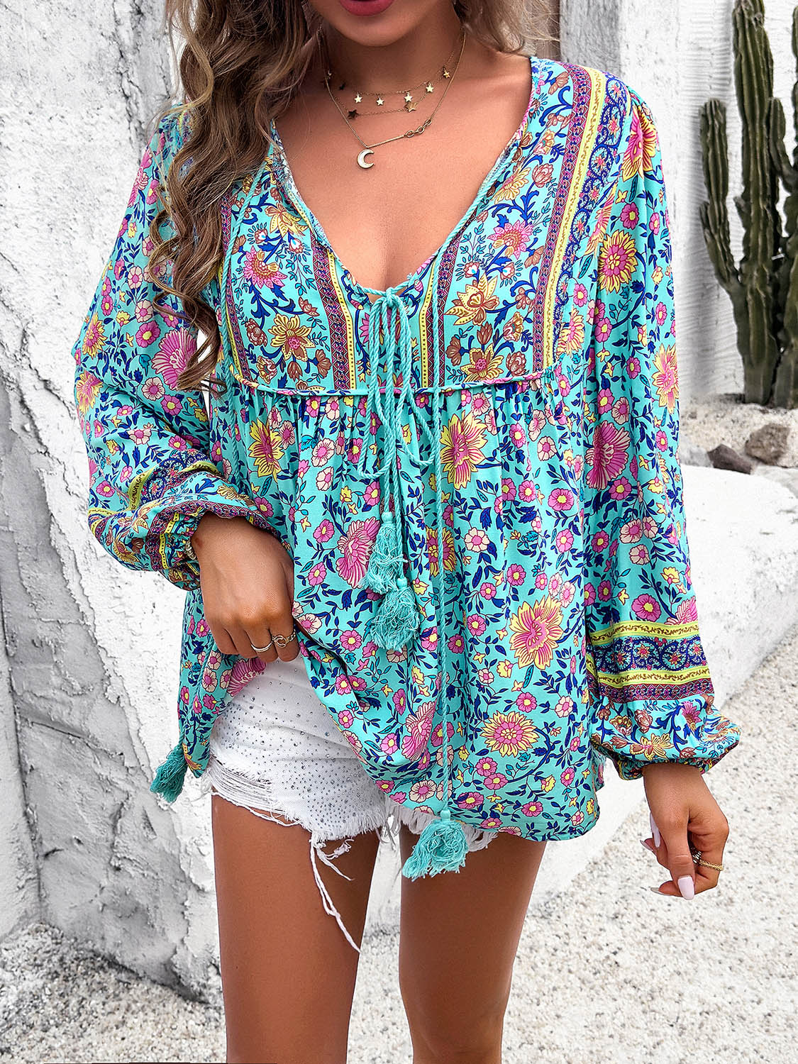 Printed Tie Neck Long Sleeve Blouse - Babbazon Tops