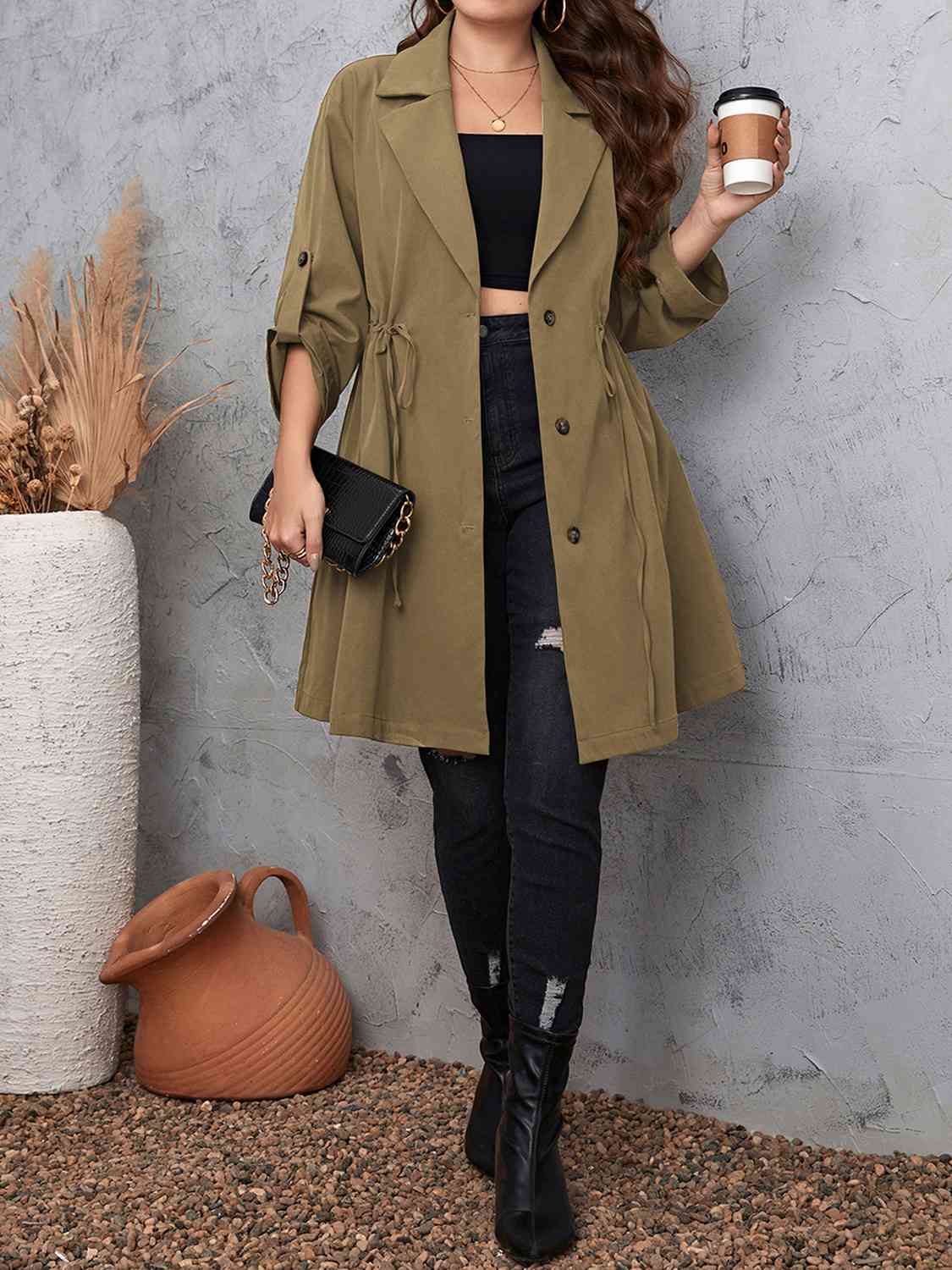 Plus Size Lapel Collar Drawstring Roll-Tab Sleeve Trench Coat 