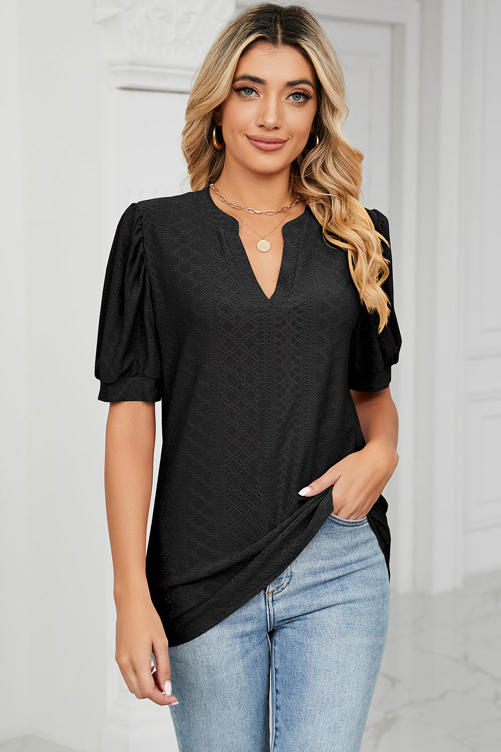 Eyelet Notched Short Sleeve T-Shirt 