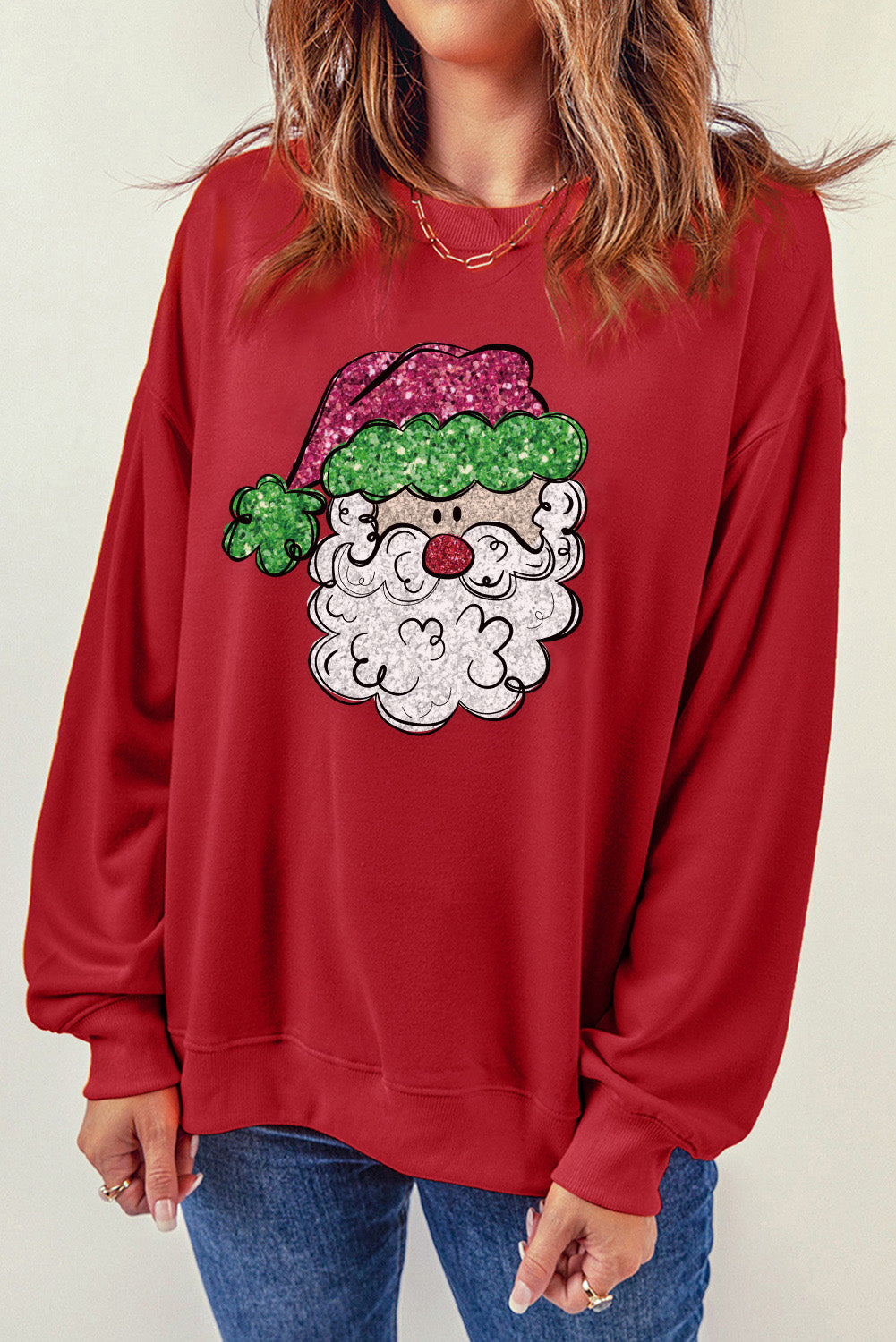 Santa Graphic Round Neck Long Sleeve Sweatshirt 