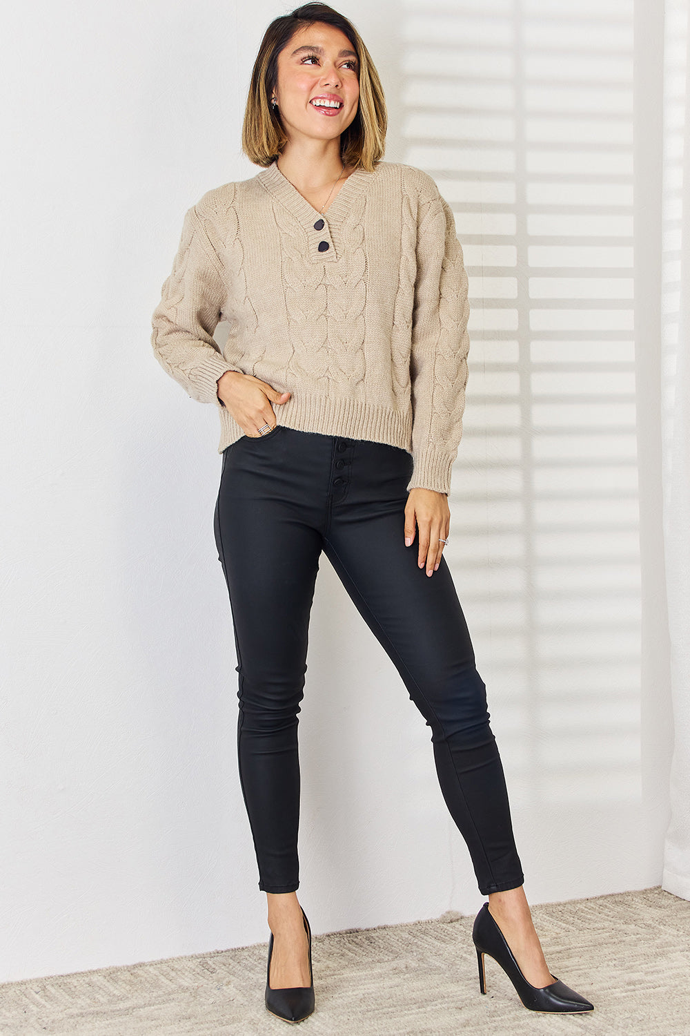 Cable-Knit V-Neck Dropped Shoulder Sweater 