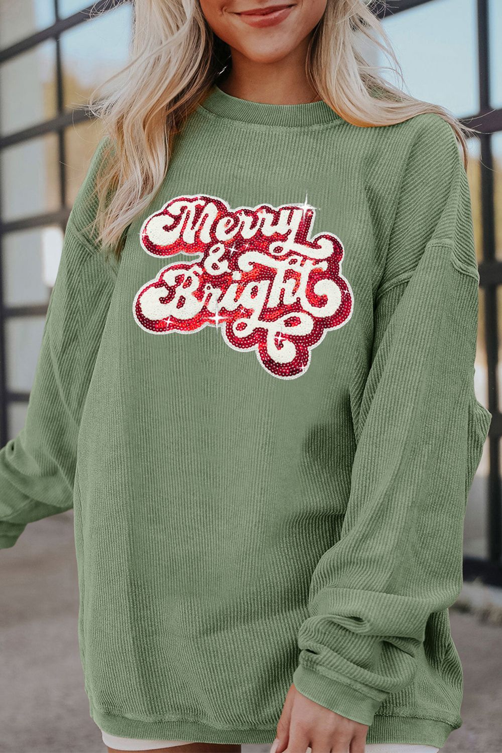 Ribbed Sequin Letter Graphic Round Neck Long Sleeve Sweatshirt 