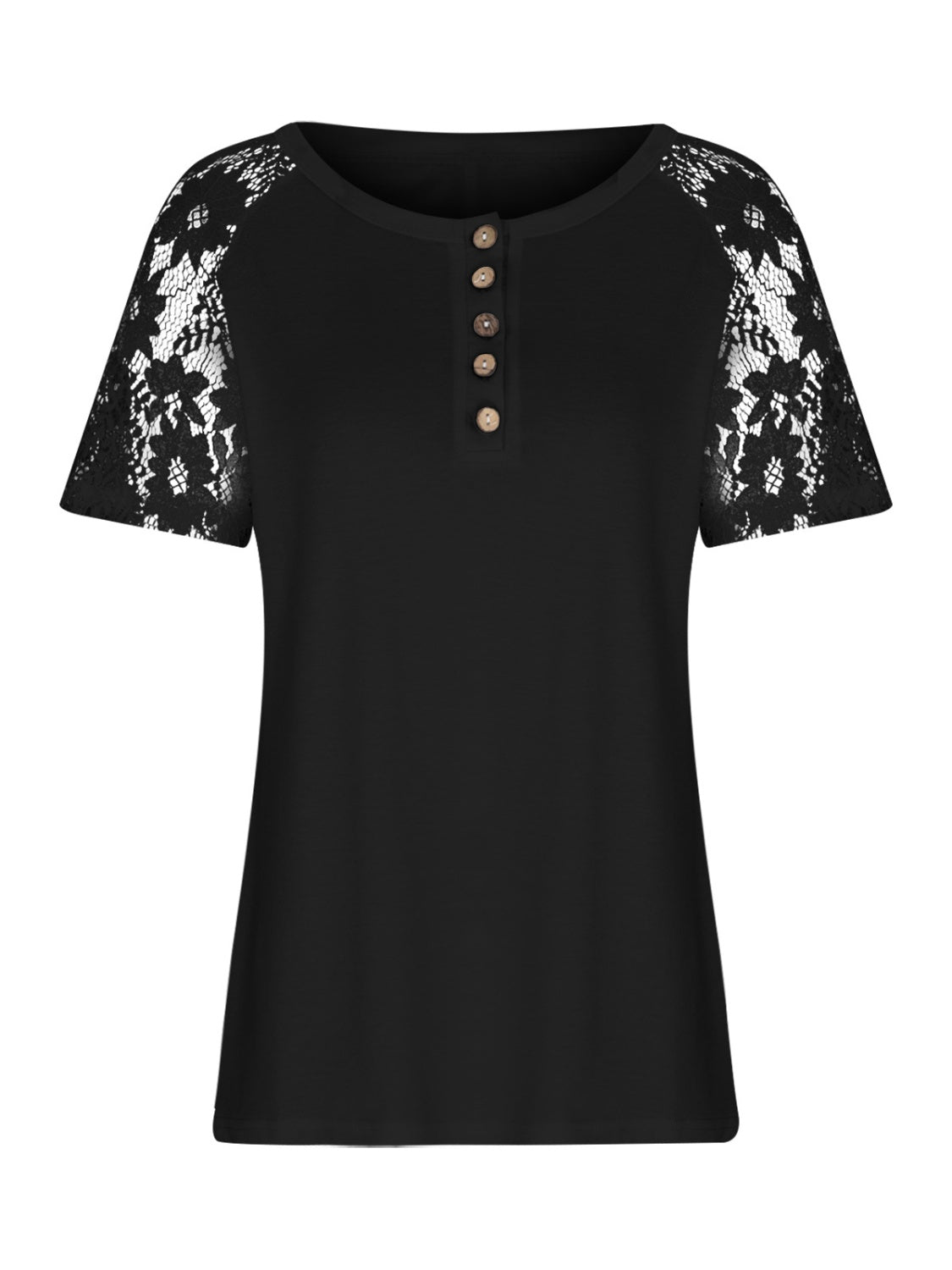 Lace Detail Half Button Short Sleeve T-Shirt 