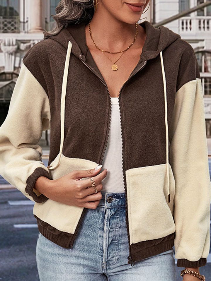 Two-Tone Zip-Up Dropped Shoulder Hooded Jacket 