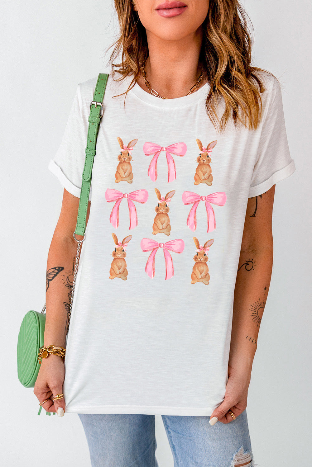 Rabbit & Bow Round Neck Short Sleeve T-Shirt - Babbazon Tops