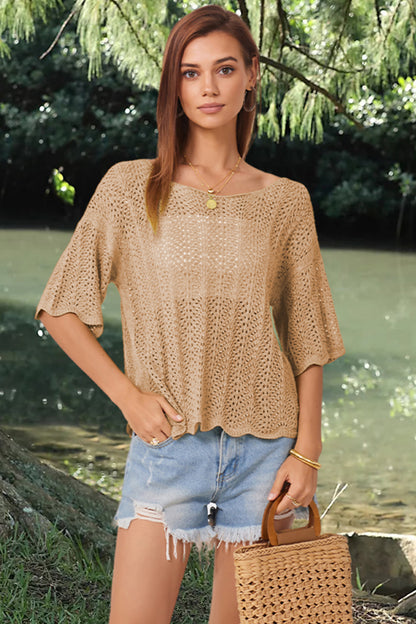 Openwork Round Neck Half Sleeve Knit Top 