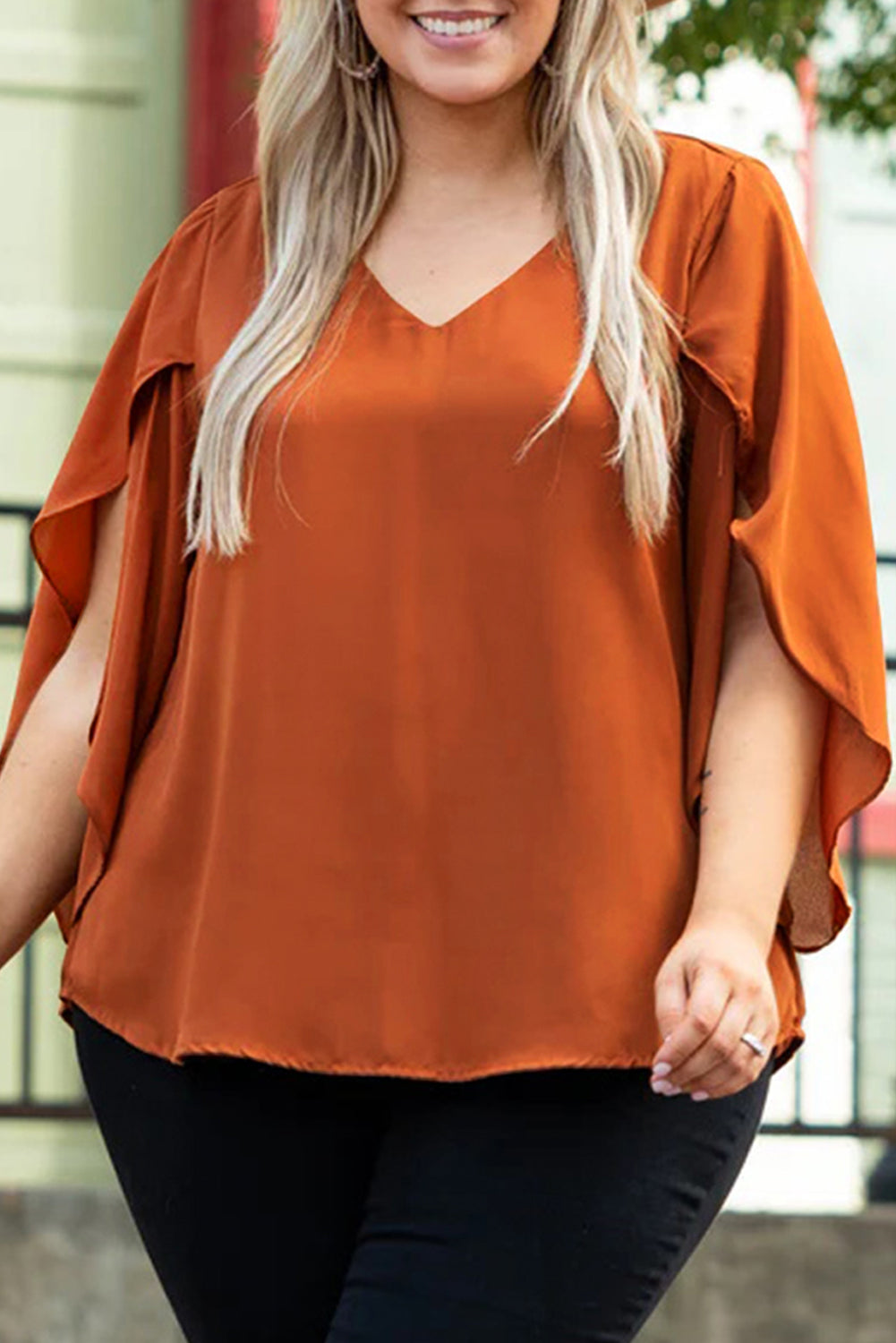 Plus Size V-Neck Petal Sleeve Blouse 