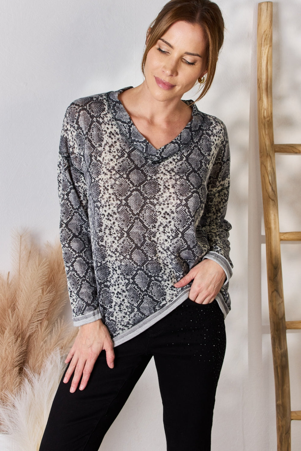 Hailey & Co Full Size Snakeskin V-Neck Long Sleeve Top 