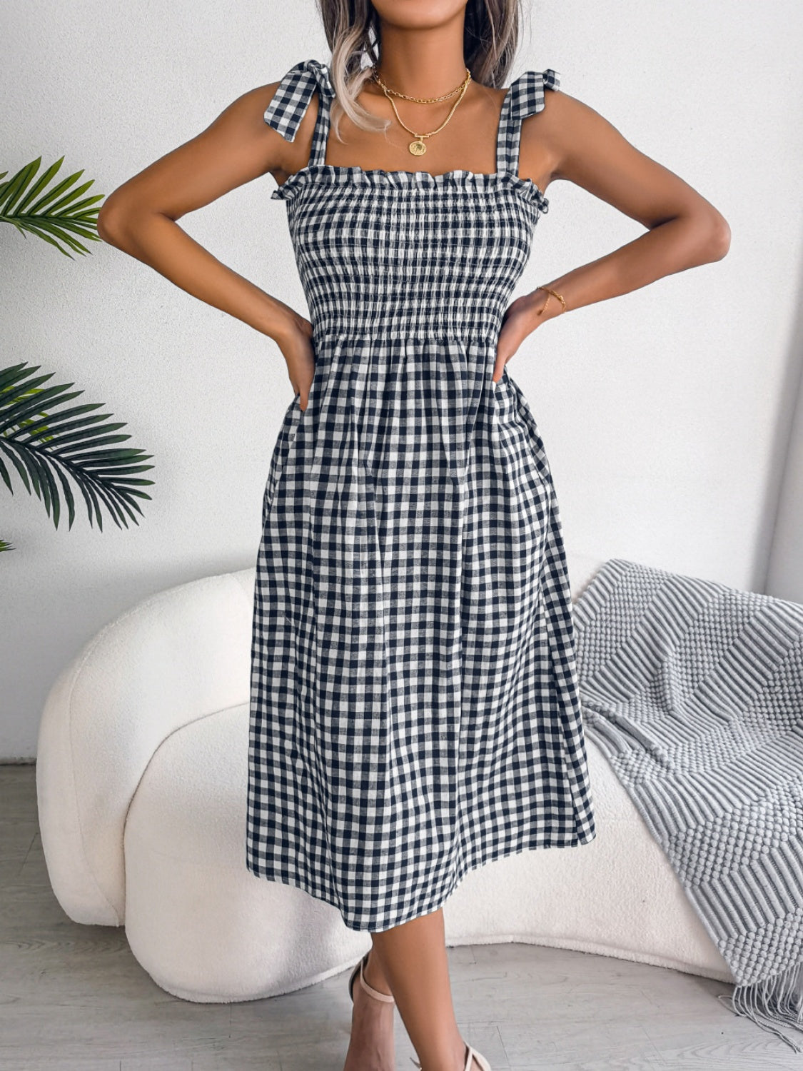 Frill Plaid Square Neck Midi Dress 