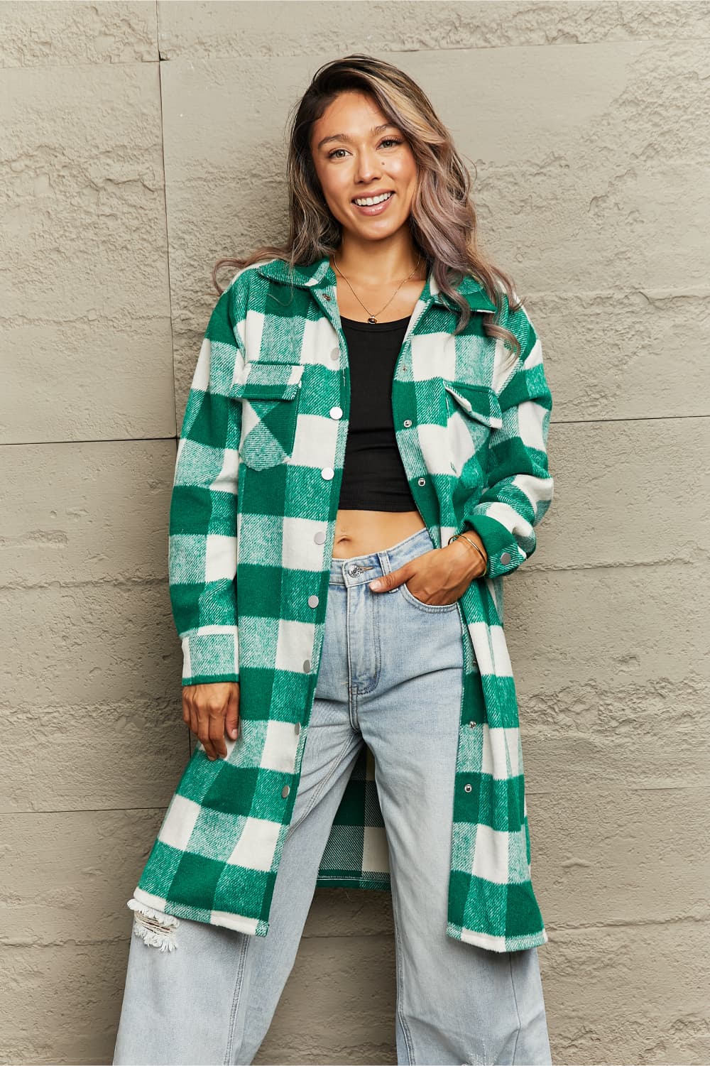 Plaid Longline Shirt Jacket 