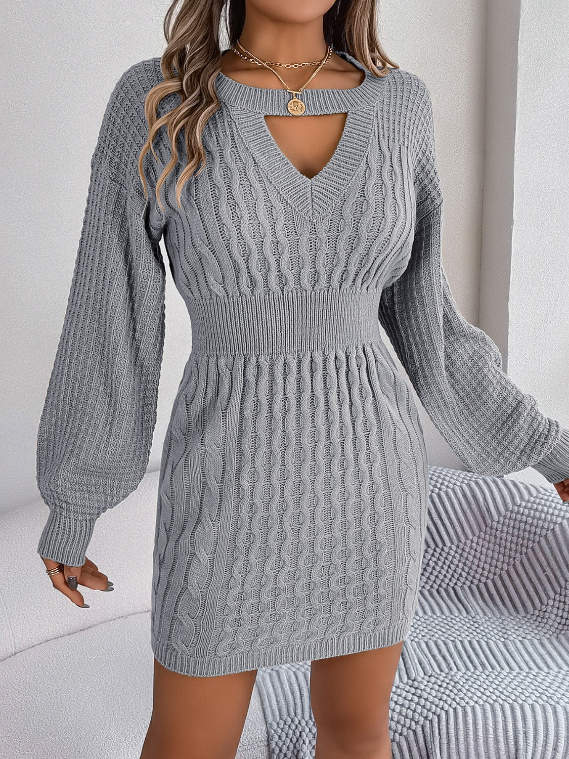 Cable-Knit Cutout Round Neck Slit Sweater Dress 