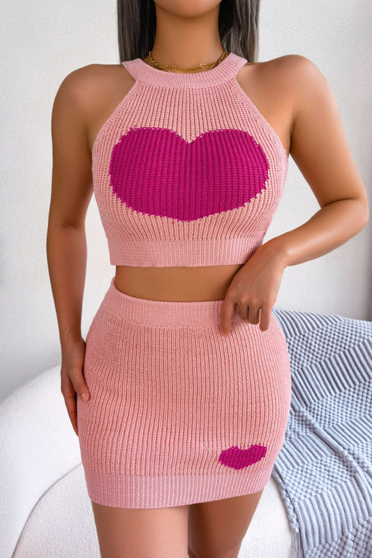 Heart Contrast Ribbed Sleeveless Knit Top and Skirt Set 