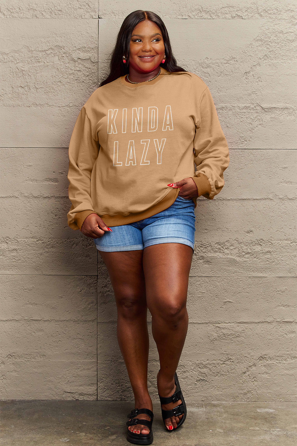 Simply Love Full Size KINDA LAZY Round Neck Sweatshirt 