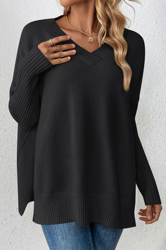 Slit V-Neck Dropped Shoulder Sweater 