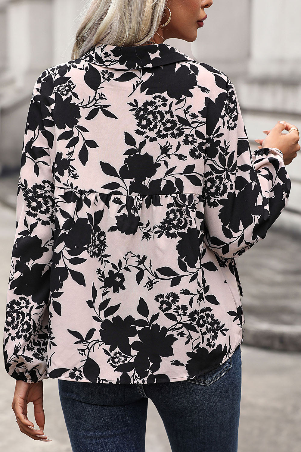 Printed Tie Neck Balloon Sleeve Blouse 