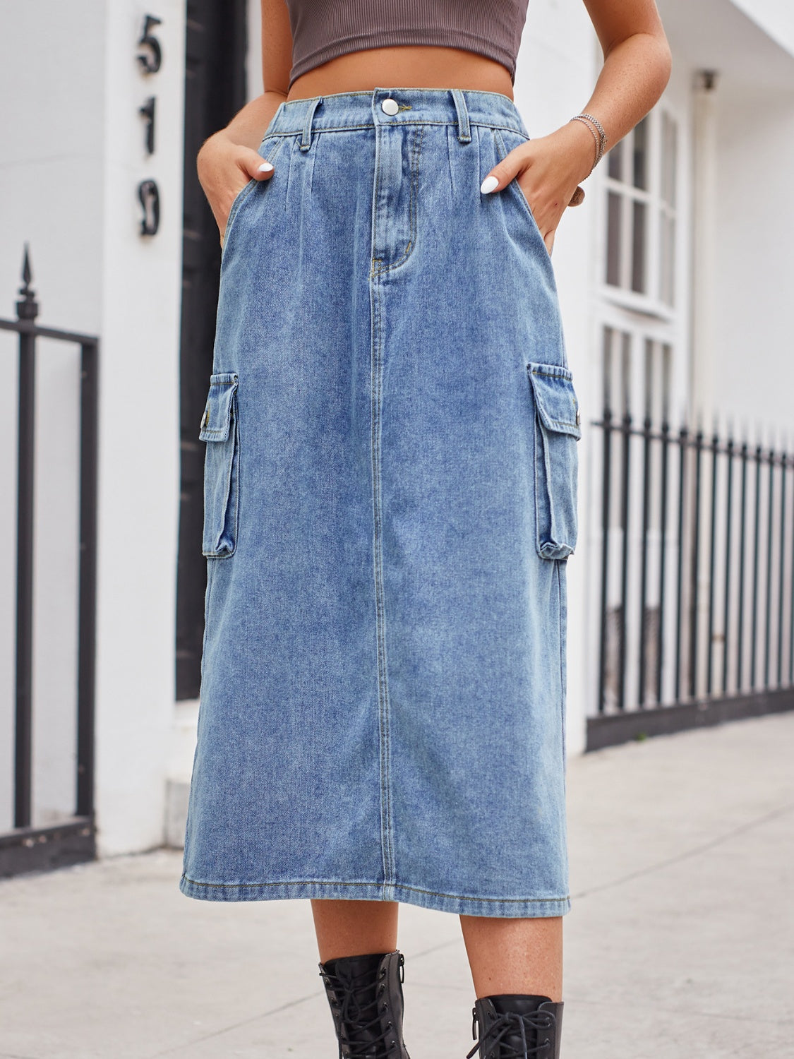 Slit Buttoned Denim Skirt with Pockets 