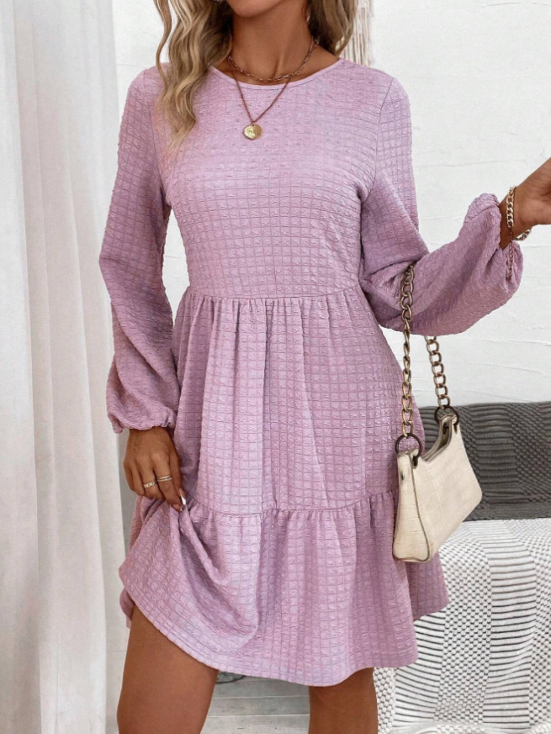 Round Neck Long Sleeve Mini Dress - Babbazon