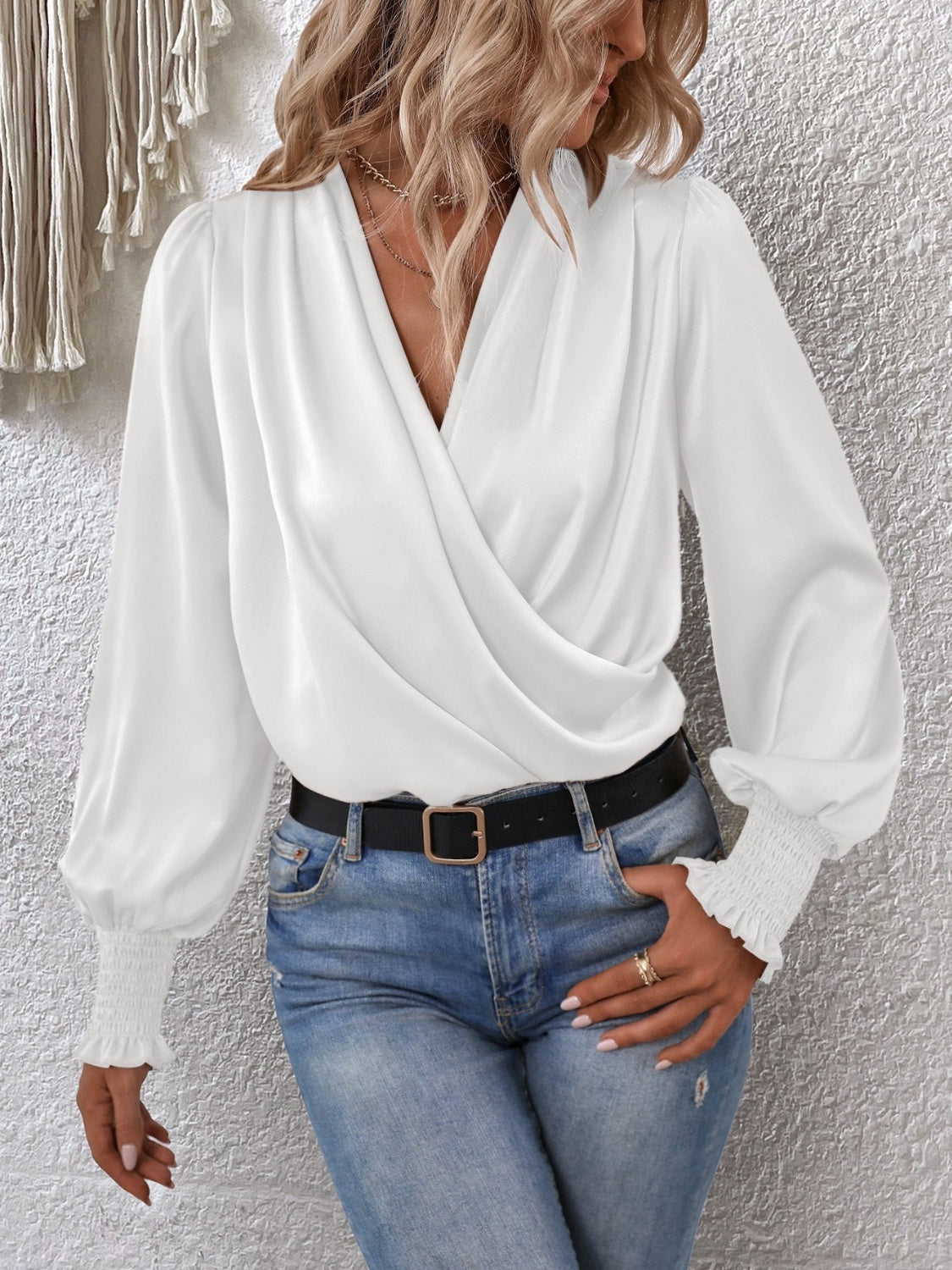 Surplice Smocked Lantern Sleeve Blouse 