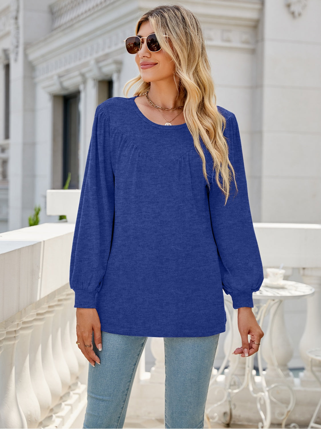 Heathered Round Neck Lantern Sleeve Blouse