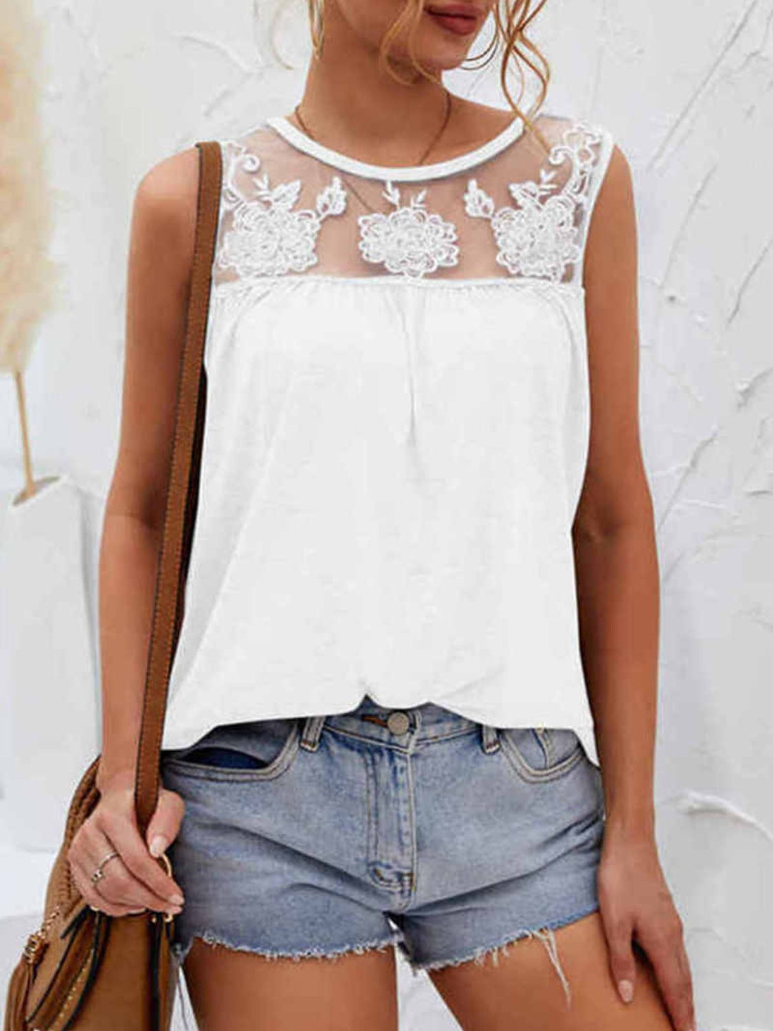 Lace Detail Round Neck Tank - Babbazon