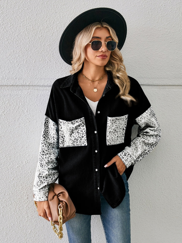 Leopard Button Up Denim Jacket 