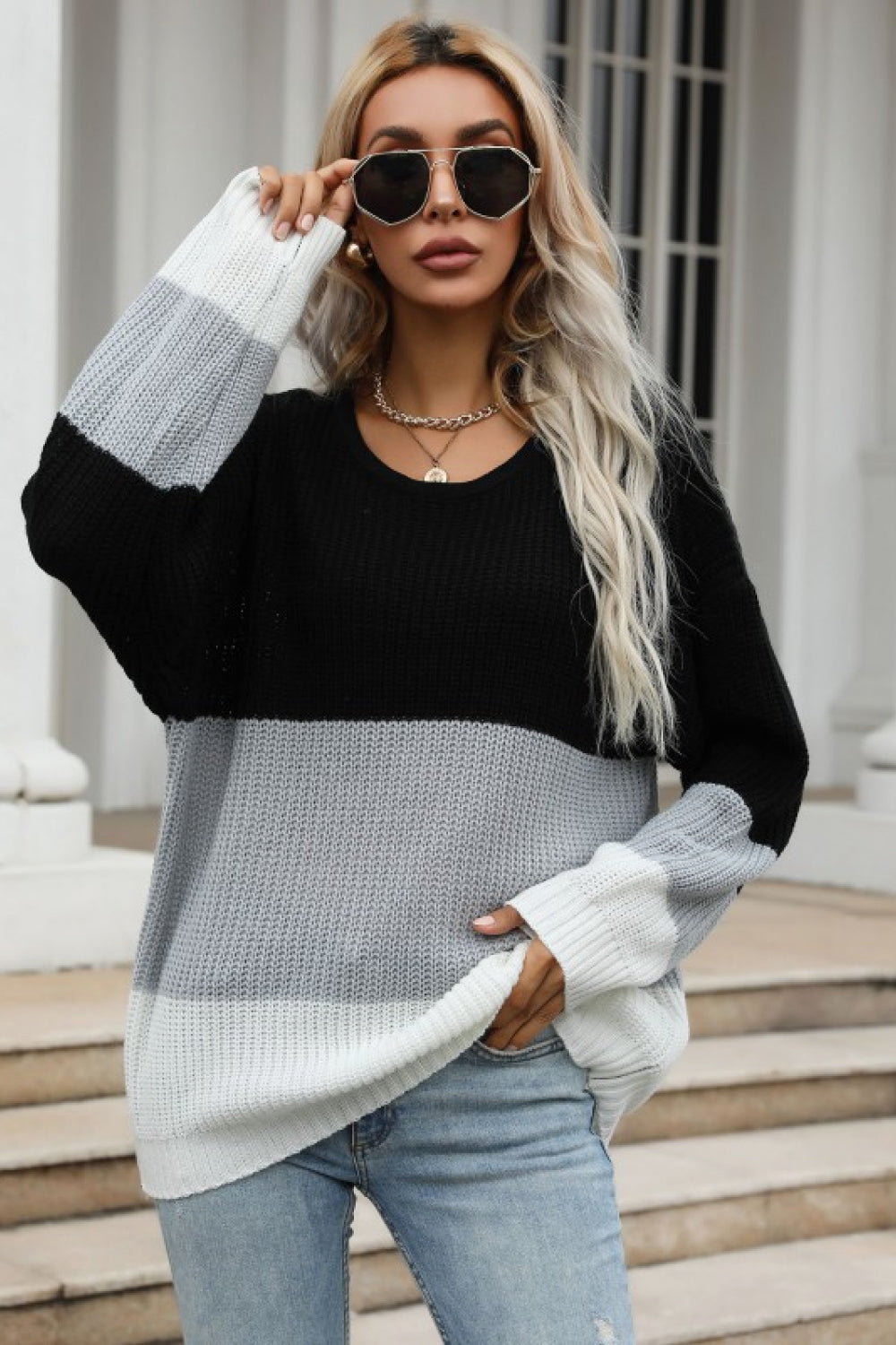 Color Block Long Sleeve Chunky Knit Sweater 