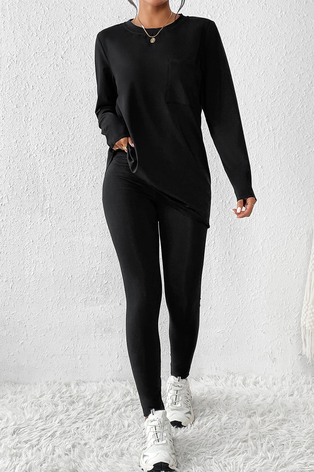 Round Neck Long Sleeve Top and Skinny Pants Set 