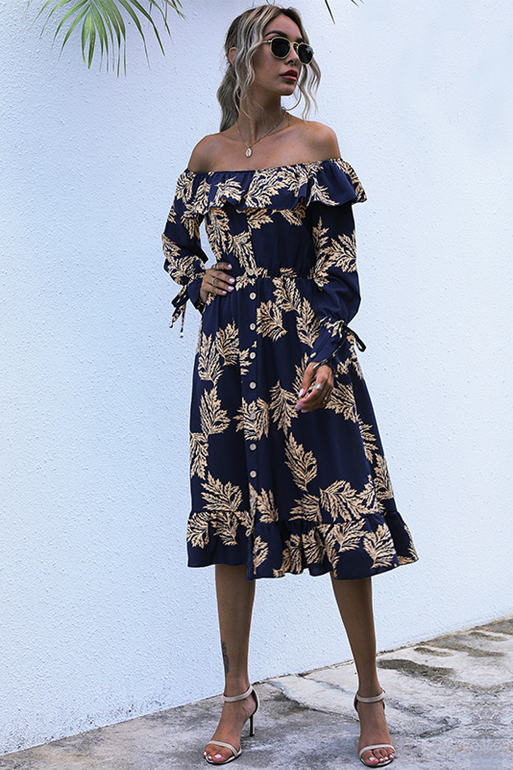 Ruffled Printed Off-Shoulder Midi Dress 