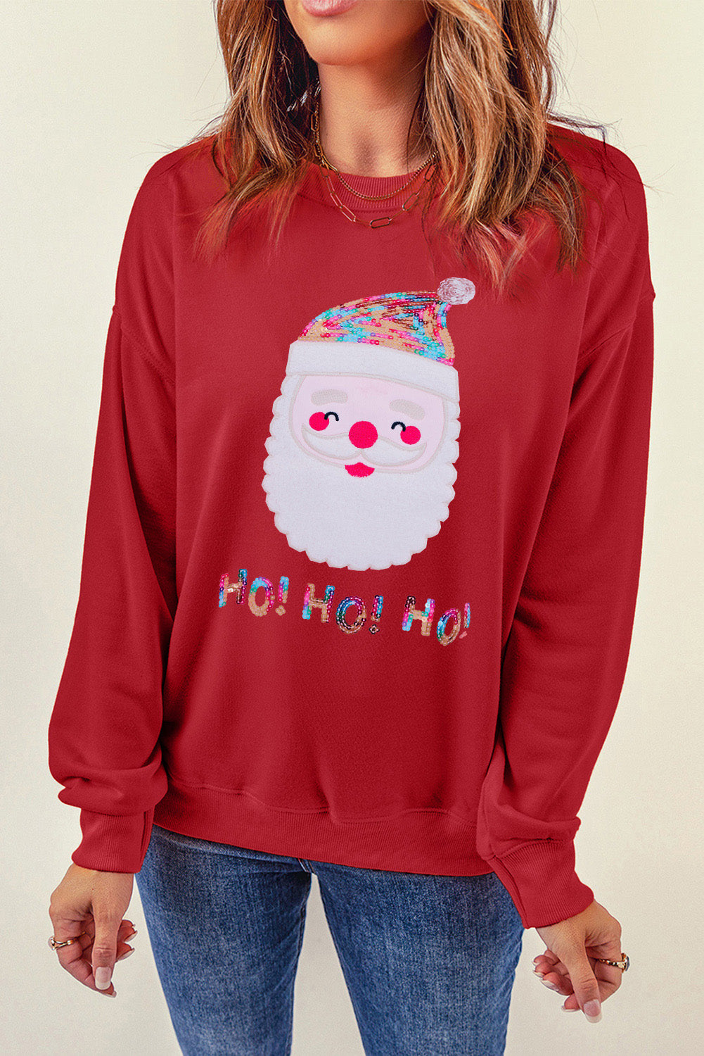 Sequin Santa Graphic Round Neck Sweatshirt 