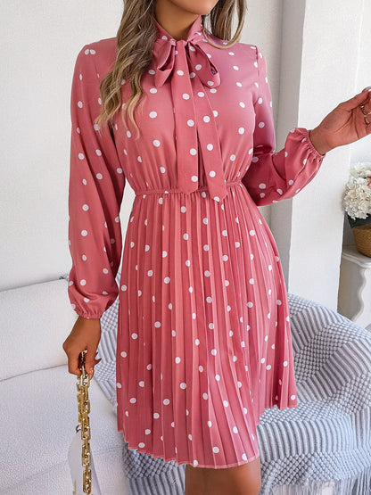 Polka Dot Tie Neck Pleated Dress 