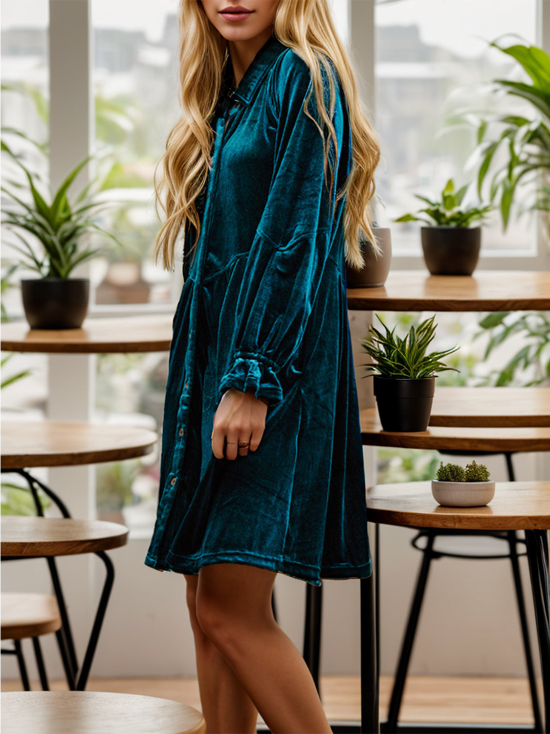 Button Up Drawstring Flounce Sleeve Dress 